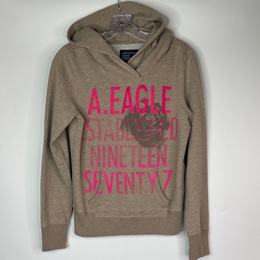 American Eagle Brown Pink Logo Hooded Sweatshirt Medium